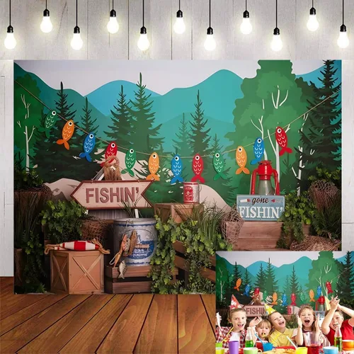 Fondo de fotografía de pesca con plantas verdes bosque, para niños, fiesta de cumpleaños, pastel, retrato para baby shower, fiesta, accesorios para