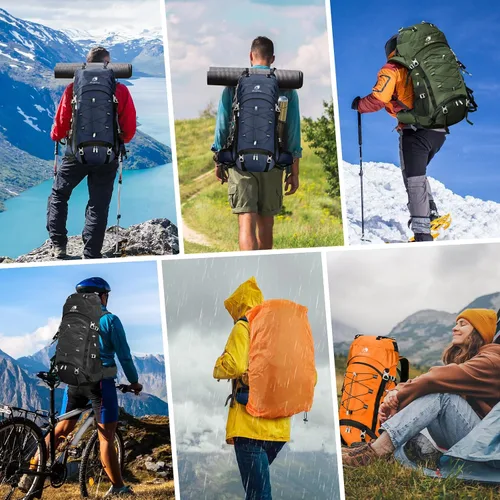 Miniatura 7 de Mochila de senderismo impermeable de 60L con cubierta de lluvia para hombres y mujeres, mochila de camping grande, verde Verde oscuro