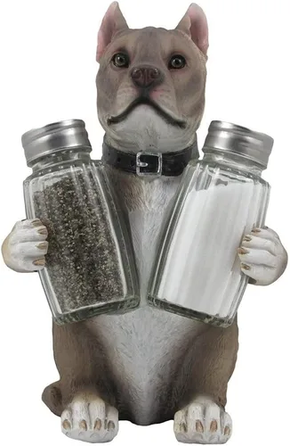 Pit Bull - Juego de salero y pimentero decorativo con estatuilla de soporte en estatuas y esculturas de perros y decoración de mesa de cocina