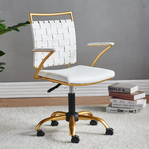 Miniatura 6 de Silla de escritorio negra y dorada, silla giratoria ergonómica de escritorio para computadora con brazos, silla ergonómica de cuero negro