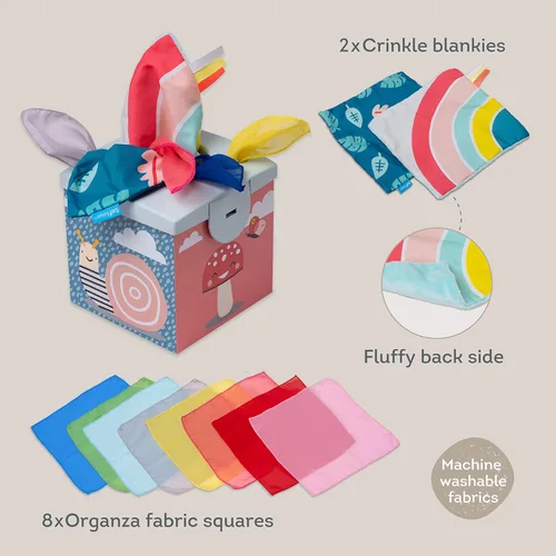 Miniatura 5 de Taf Toys Caja de Pañuelos Sensoriales Arrugados para Niños Pequeños. Juguete STEM Montessori con Pañuelos Suaves Coloridos y Mantitas Crujientes