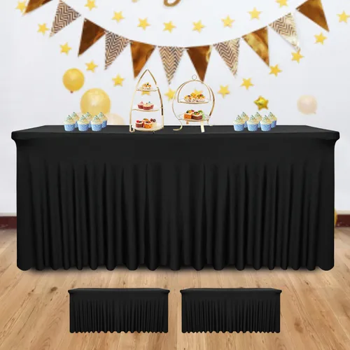 Paquete de 2 Faldones de Mesa Rectangulares Negros, 48L x 24A x 30Al Pulgadas, Manteles Ajustados de Spandex Elástico, Resistentes a las Arrugas,