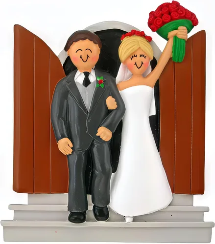 Miniatura 18 de Adorno personalizado de casado de nuestra primera Navidad 2025 Nombre y año personalizados Recuerdo de boda rubia de novia y novio morena Boda