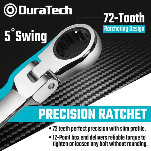 Miniatura 3 de Duratech - Juego de llaves de trinquete de cabeza flexible Stubby, métricas, 12 piezas, de 8 a 19 mm, acero CR-V, con bolsa
