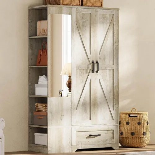 Miniatura 12 de LIKIMIO Armario Armario de 70 pulgadas, gran almacenamiento con espejo, 2 puertas, cajón y estantes, moderno dormitorio independiente de madera Negro