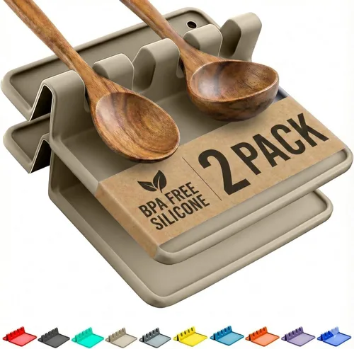 Miniatura 18 de Soporte de cuchara de silicona naranja para estufa con almohadilla de goteo (paquete de dos) – Resistente al calor sin BPA y soporte para cuchara