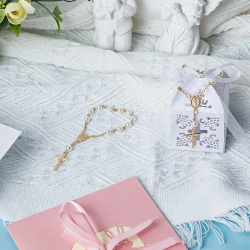 Miniatura 6 de Juego de 50 paquetes de recuerdos de bautismo, cuentas de rosario de bautismo acrílicas, perlas falsas con bolsas de organza, recuerdo de boda