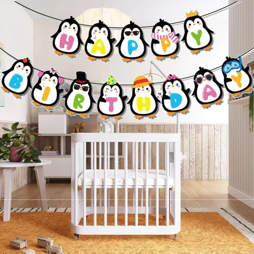 Miniatura 6 de Bonita pancarta de feliz cumpleaños de pingüino, decoraciones de fiesta de cumpleaños de pingüinos, decoración de fiesta de cumpleaños de baby
