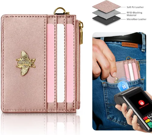 Miniatura 23 de SEAVILIA Tarjetero llavero cartera para mujer con ventana de identificación RFID monedero regalo abeja delgada minimalista pequeña cartera