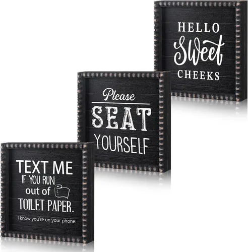 Yousoontic 3 piezas divertidas de decoración de madera para baño, texto "Please Text Me If You Run out of the Toilet Paper Sign Seat Yourself Sign