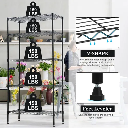 Miniatura 2 de Estantería de alambre de 5 niveles, unidad de almacenamiento, estante organizador de metal resistente, estante de pie sin ruedas para cocina, baño