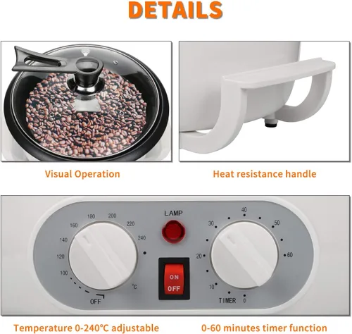 Miniatura 4 de Tostador de café mejorado para uso doméstico, tostador de granos de café eléctrico de 110 V con temporizador, tostadora de 1200 W, tostadora de café