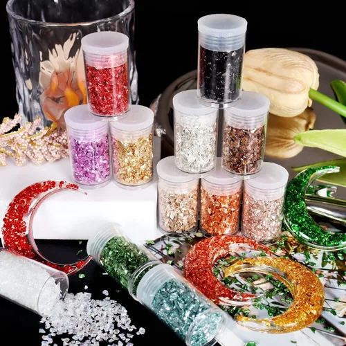 Miniatura 7 de Matio 12 colores de cristal triturado con purpurina irregular, 4.23 onzas/120g chips de vidrio roto triturado para joyería epoxi de resina, Metálico