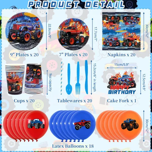 Miniatura 2 de KEFAN Suministros para fiesta de cumpleaños de Monster Truck, juego de decoraciones de fiesta de camión monstruo que incluye telón de fondo, platos