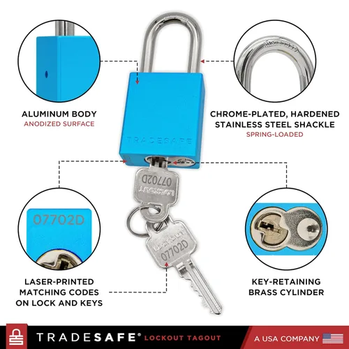 Miniatura 3 de TRADESAFE Juego de cerraduras de bloqueo y etiquetado – 10 cerraduras de aluminio azul, candados de bloqueo con llave igual, 2 llaves por candado