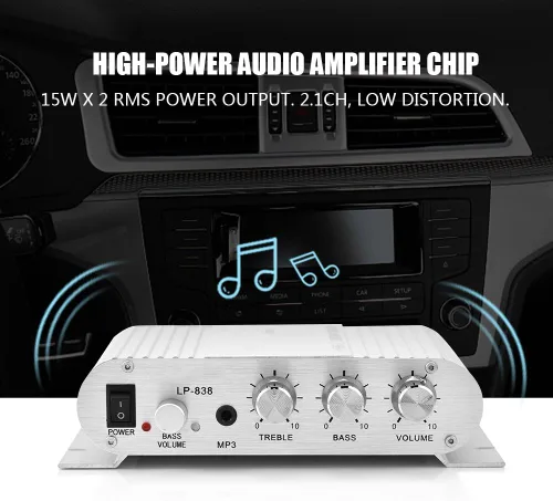 Miniatura 2 de Mini amplificador de potencia de audio estéreo HiFi 2.1, amplificador digital profesional para automóvil o hogar, plateado