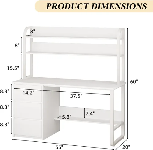Miniatura 2 de MaverickFurni Escritorio blanco con gabinete, escritorio de computadora de 55 pulgadas con 3 cajones para dormitorio, escritorio de estudio