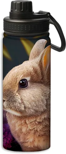 Miniatura 20 de Bunny Rabbit Near Lilac Flowers Pattern - Botella de agua de acero inoxidable de 18 onzas, aislada al vacío, de doble pared, a prueba de fugas
