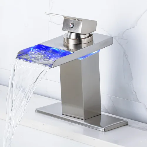 Miniatura 10 de Grifo LED para Lavabo de Baño - Negro Mate de Un Solo Agujero o Centerset de 4 Pulgadas Grifo de Cascada con Boquilla de Acero Inoxidable y Luces