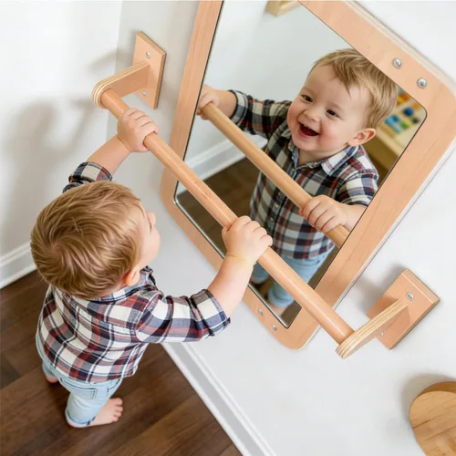 Miniatura 2 de Montessori Baby Espejo de seguridad inastillable 2 en 1 con barra de dominadas, montaje en pared infantil y juego en el suelo para el tiempo boca