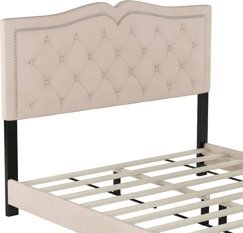 Miniatura 4 de Marco de cama de terciopelo tamaño Queen, cabecera capitonada con alas de canal vertical, cama con plataforma tapizada, listones de madera fuertes
