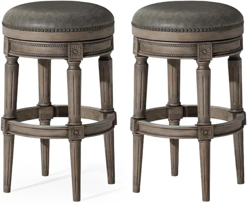 Miniatura 34 de Maven Lane Pullman Taburete de Bar de Madera Giratorio 180 Grados sin Respaldo de 30" de Altura con Ribete de Tachuelas, Acabado Blanco Alabastro