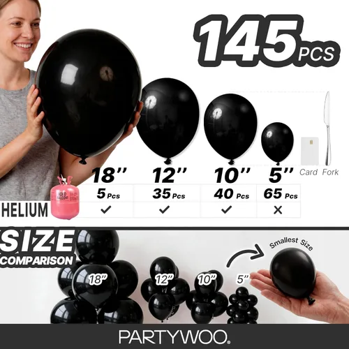 Miniatura 6 de PartyWoo Globos Negros 145 piezas Diferentes Tamaños de 18 12 10 5 Pulgadas Kit de Arco de Globos Negros Guirnalda para Baby Shower Cumpleaños
