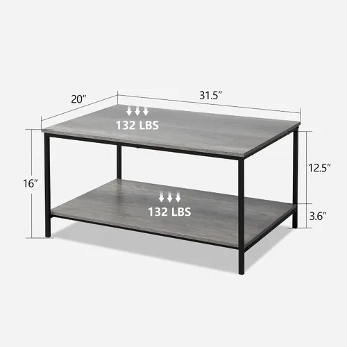 Miniatura 3 de SENIG Mesa de café de 2 niveles con estante de almacenamiento para espacios pequeños, mesa auxiliar rectangular de madera de roble gris y metal