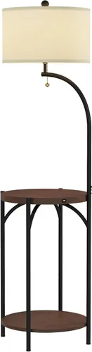 Miniatura 7 de Lámpara de pie con mesa auxiliar, estantes laterales rústicos modernos con puerto de carga USB, bombilla LED y pantalla en forma de tambor, luces