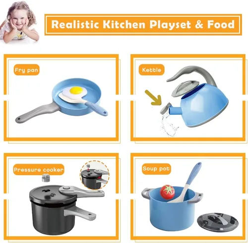 Miniatura 5 de Bruvoalon Juego de 32 juguetes de cocina para niños, accesorios de cocina con ollas, sartenes, utensilios de cocina, alimentos, verduras enlatadas