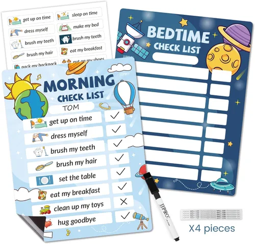 JJPRO Tabla de rutina para la hora de acostarse/mañana, tablero magnético para horarios diarios para niños, espacio exterior