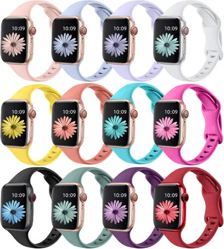 Miniatura 9 de Lerobo - Paquete de 12 bandas delgadas compatibles con Apple Watch de 38, 40, 41, 42, 44, 45, 46 y 49 mm, unisex, correa deportiva de silicona suave