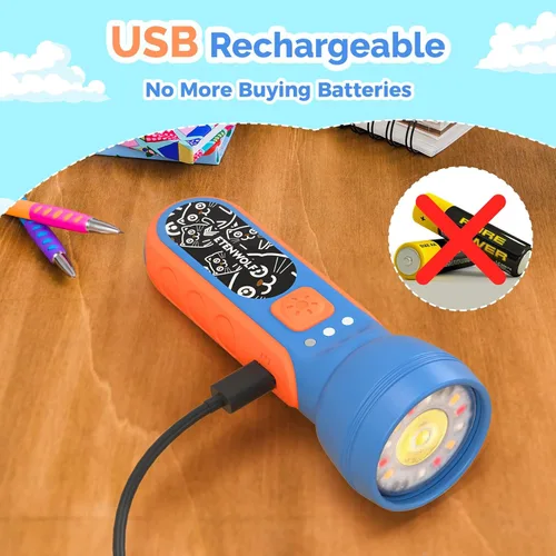 Miniatura 6 de ETENWOLF L1 Linterna recargable para niños, linterna LED con divertidas pegatinas DIY, 6 modos de luz, brillo ajustable, batería de 1500mAh