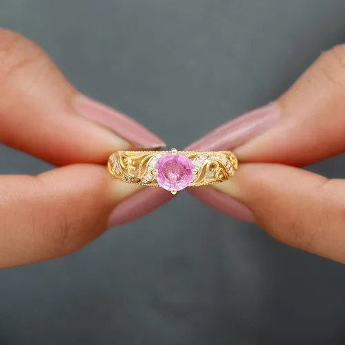 Miniatura 15 de Anillo de compromiso redondo de zafiro rosa cultivado en laboratorio certificado con diamante Calidad AAAA Anillo de estilo vintage para mujer
