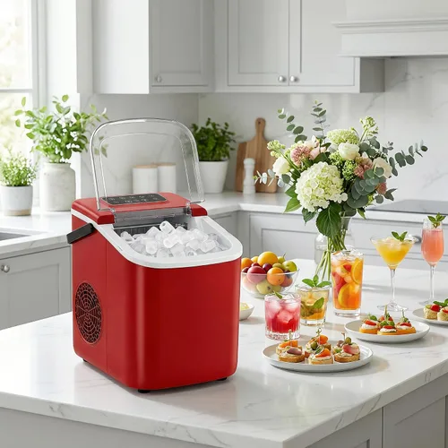 Miniatura 8 de Máquina de hielo para encimera con asa, pequeña máquina de hielo portátil autolimpiante con cesta y cuchara, 26 libras/24 horas, 9 cubitos de hielo