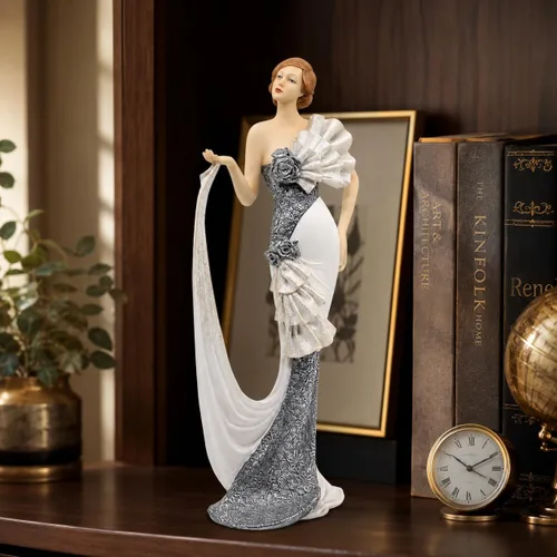 Miniatura 5 de Comfy Hour Figura de dama victoriana de 13 pulgadas, elegante estatua de mujer en vestido blanco y plateado, estilo art déco de los años 20, acento