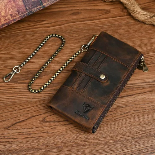 Miniatura 10 de Genuino Caballo Loco Cuero Regalo de Viaje Moneda Bolsillo Tarjetero Organizador Largo Cadena Rfid Cartera Monedero Con Broche Para Hombres Hombres