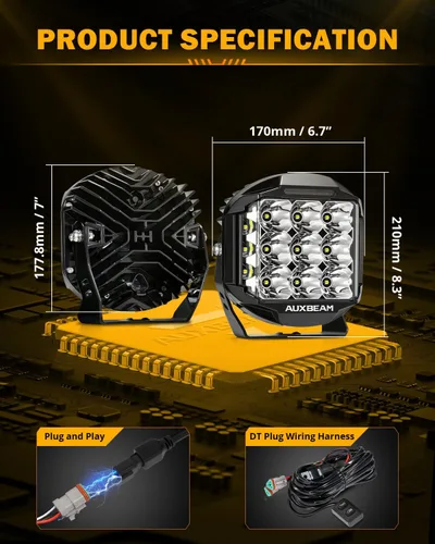 Miniatura 6 de Auxbeam, V-MAX - Luz LED de 7 pulgadas, 228 W, luces de cubo laterales de conducción todoterreno, DRL ámbar, retroiluminación, combo de inundación 7