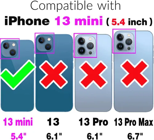 Miniatura 2 de Funda de teléfono para iPhone 13 Mini de 5.4 pulgadas con protector de pantalla, correa cruzada para muñeca, bloqueo RFID, tarjetero de crédito