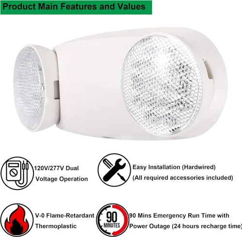 Miniatura 3 de GRUENLICH Luz LED de emergencia, accesorios de iluminación de salida con 2 cabezales LED de ojo de insectos y baterías de respaldo, calificación UL