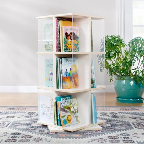 Guidecraft EdQ - Estantería giratoria para niños, color blanco: organizador de libros de madera contrachapada giratoria 360 con ventanas acrílicas: