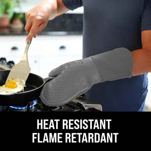 Miniatura 3 de Guantes de horno de silicona con forro de algodón acolchado – profesional resistente al calor olla de cocina soportes – 1 par Gris