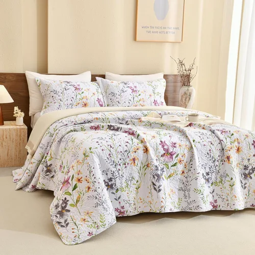 Miniatura 16 de Sanracie Edredón extragrande tamaño King (120"x120"), juego de edredón 100% algodón con estampado floral verde de 3 piezas, edredón suave y ligero