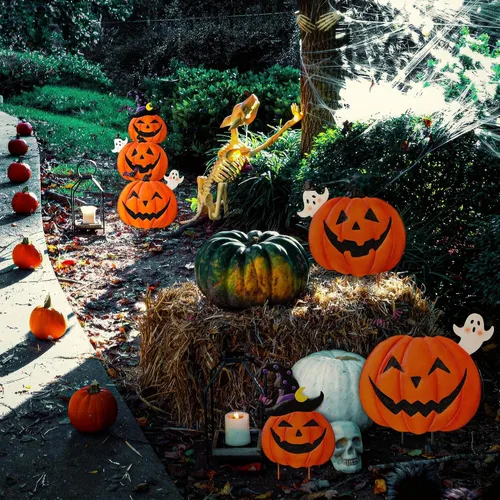 Miniatura 8 de Estacas de jardín de Halloween de 39.8 pulgadas, calabazas de metal apiladas, decoración de césped con sombrero de bruja, letreros de metal