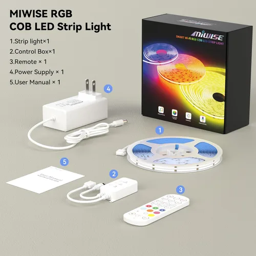 Miniatura 8 de MIWISE Tira de luces LED RGB COB 9.84 pies/3m, tira de luz de cambio de color regulable DC24V, compatible con Alexa/Google Assistant/Tuya, cinta