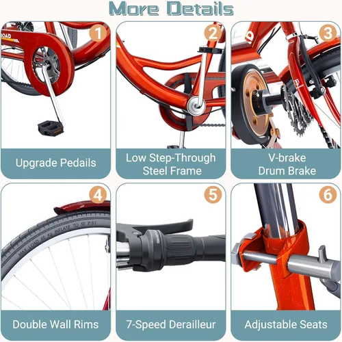 Miniatura 6 de Triciclo de 7 velocidades para adultos, triciclo Cruiser de 24 pulgadas con cesta grande para mujeres, hombres y personas mayores, bicicleta de 3