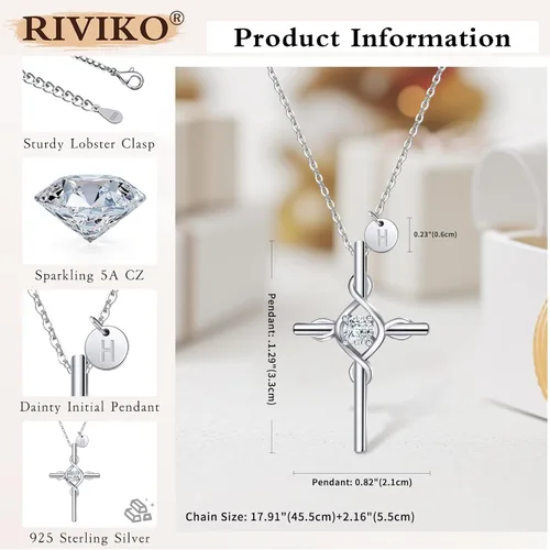 Miniatura 5 de RIVIKO Collar con dije de cruz con inicial para mujeres y niñas, plata de ley 925, delicados collares de letras, nombre del alfabeto, joyería