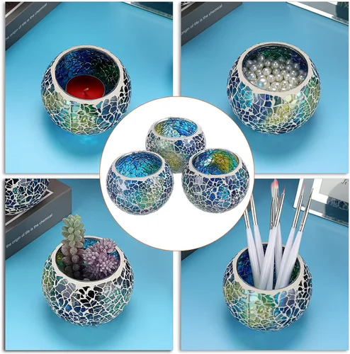 Miniatura 5 de OwnMy Juego de 3 portavelas de té de vidrio de mosaico azul, cuenco redondo, portavelas votivas, candelabros de mosaico de vidrio, candelitas