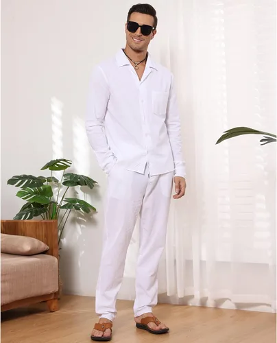 Miniatura 5 de EndoraDore Men's Outfits Linen Button Down Long Sleeve Shirt And Casual Beach Drawstring Waist Pants 2 Piece Set