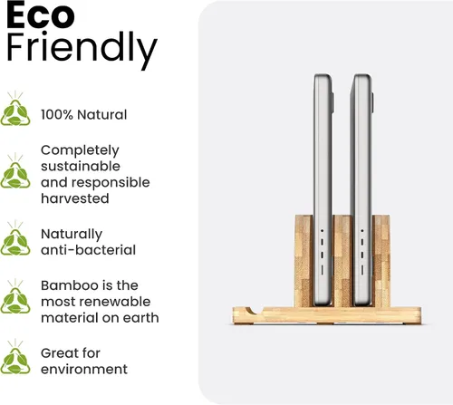 Miniatura 6 de Kothar Soporte vertical de madera prémium para laptop, soporte de bambú ajustable de doble ranura para MacBook, Dell, HP y más Organizador